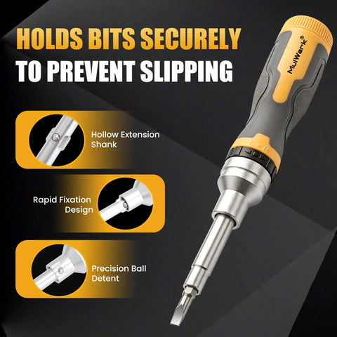Professional 16 In 1 Ratcheting Multi Bit Screwdriver Set With Premium Hardened S2 Steel Bits And Nickel Coated Rust Proof Finish with hollow extension shank.