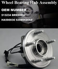 2Pcs Front Wheel Bearing And Hub Assembly For 2005-2010 Grand Cherokee And 2006-2010 Commander With ABS 5 Lug Wheel Hub Replacement Kit Beefed Up Durability Easy Install Direct Fit Front Axle on a gray background, displaying a close-up view of the metal hub and bearings with attached wiring.