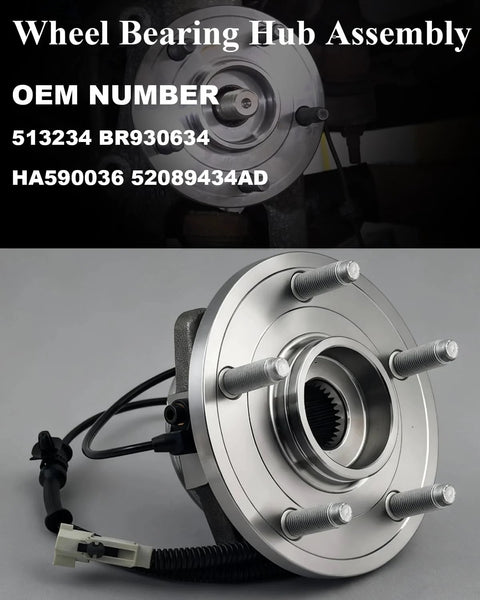 2Pcs Front Wheel Bearing And Hub Assembly For 2005-2010 Grand Cherokee And 2006-2010 Commander With ABS 5 Lug Wheel Hub Replacement Kit Beefed Up Durability Easy Install Direct Fit Front Axle on a gray background, displaying a close-up view of the metal hub and bearings with attached wiring.