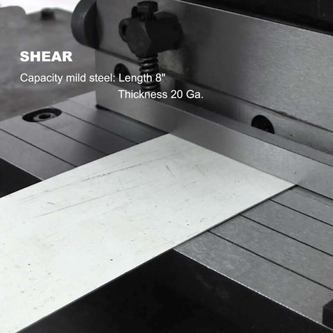 Close-up of 8 Inch 3 In 1 Metal Brake Shear Roll Machine for 20 Gauge Steel with burr-free cutting plate in shear section