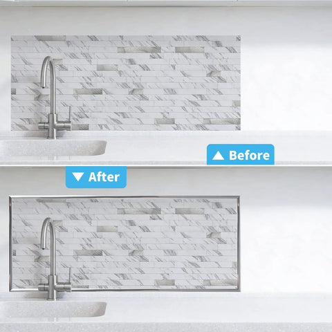 Before and after using Peel And Stick Outdoor Vinyl Corner Trim For Tile And Wall Edges Easy Cut For Furniture Decor 20 Ft Roll