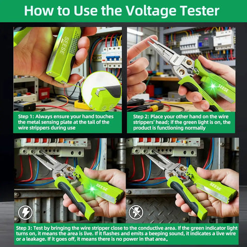 How to Use the Voltage Tester guide for 8-In-1 Wire Stripper And Crimping Pliers With Voltage Tester And Dual Alarms, Needle Nose Electrical Pliers For Cutting, Pulling, And Crimping Wires, A Handy Electrician Tool For DIY Pros.
