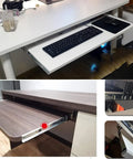Hella Sturdy Heavy Duty Drawer Slides With Height Adjustable Brackets And Silver Keyboard Tray Rails Provide Under Desk Mounting with keyboard on tray.