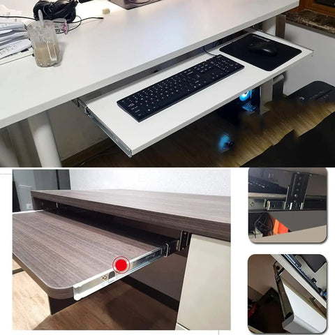 Hella Sturdy Heavy Duty Drawer Slides With Height Adjustable Brackets And Silver Keyboard Tray Rails Provide Under Desk Mounting with keyboard on tray.
