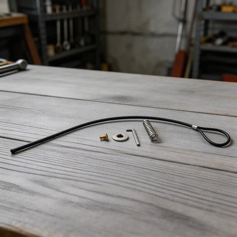 Black Spring-Loaded Gate Latch Cable Pull for Garden Wood Vinyl Fence, includes cable, spring, screw, and hardware on wooden surface.