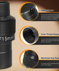 Close-up of Two Inch 15mm Ultra Wide 80 Degree Eyepiece With Fully Multi Coated Optics for Astronomy showcasing safety groove, inner thread design, and machined grip ring features.