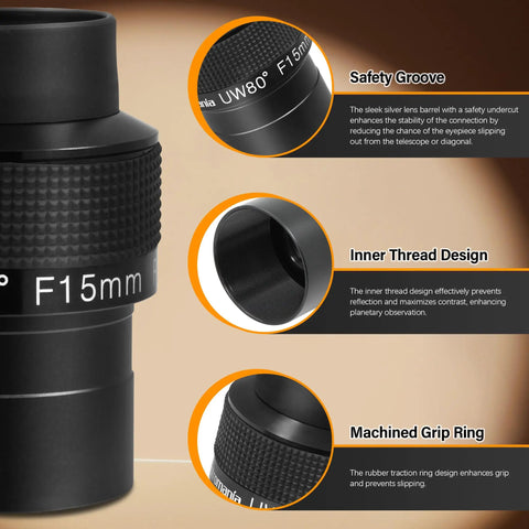 Close-up of Two Inch 15mm Ultra Wide 80 Degree Eyepiece With Fully Multi Coated Optics for Astronomy showcasing safety groove, inner thread design, and machined grip ring features.