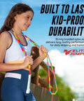 Girl holding Kid Friendly Beaded Jump Rope For Exercise Segmented Beaded Rope Shatterproof Durable Outdoor Rope.