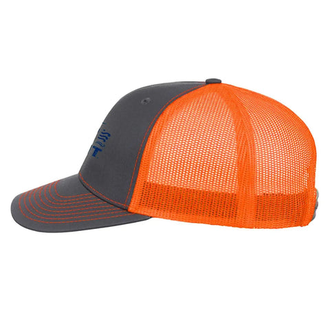 Side view of a Breathable Summer Trucker Cap For Men With Anti Sweat Band, versatile outdoor hat, gray front and orange mesh back, for everyday wear.