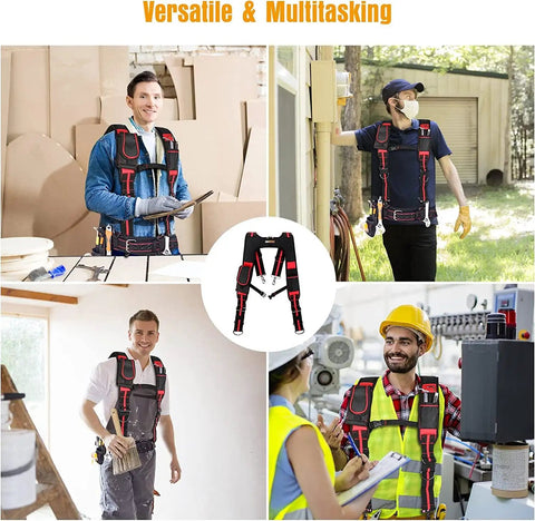Workers wearing Premium Padded Tool Belt Suspenders With Magnetic Clips Heavy Duty Work Gear Tough As Nails 1680D Ballistic Nylon.