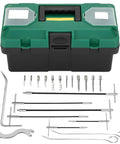 23 Piece Stainless Steel Packing Extractor Set With Flexible Shaft, Removable Tips, Corkscrew Wrench in Green PP Toolbox