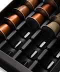 Close-up of Tempered Glass Top Coffee Capsule Holder Drawer Fits 36 Nespresso OriginalLine Pods with capsules in slots