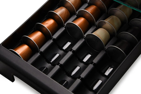 Close-up of Tempered Glass Top Coffee Capsule Holder Drawer Fits 36 Nespresso OriginalLine Pods with capsules in slots