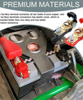 Universal Car Battery Terminal Connector Kit for Positive and Negative Posts shown installed on a car battery with clamps.