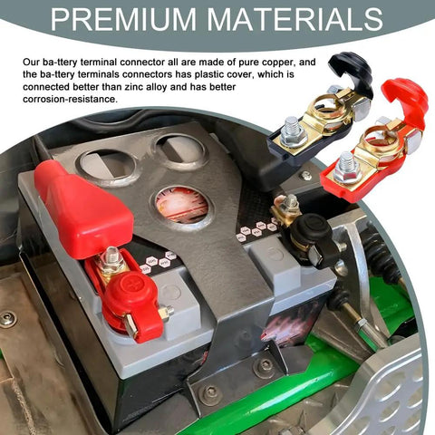Universal Car Battery Terminal Connector Kit for Positive and Negative Posts shown installed on a car battery with clamps.