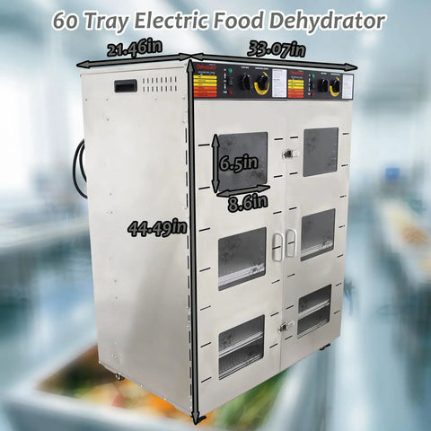 Tough as Nails 304 Stainless 60 Tray Food Dehydrator 3000W Dual Chamber, showcasing dimensions 21.46x33.07x44.49 inches.