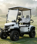 Top Shelf Two Seater Electric Golf Cart With 5kW Motor And 60V Battery serving 20 Mph cruising speed in white, parked on grass.