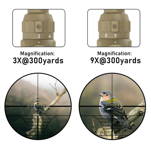 Image showing 3-9x40 Rifle Scope With Red Green Illuminated Rangefinder Reticle, Waterproof And Fog Proof, Fits 11mm Free Mounts, Batteries Included, Flip Up Lens Covers, demonstrating magnification levels at 300 yards with bird in view.