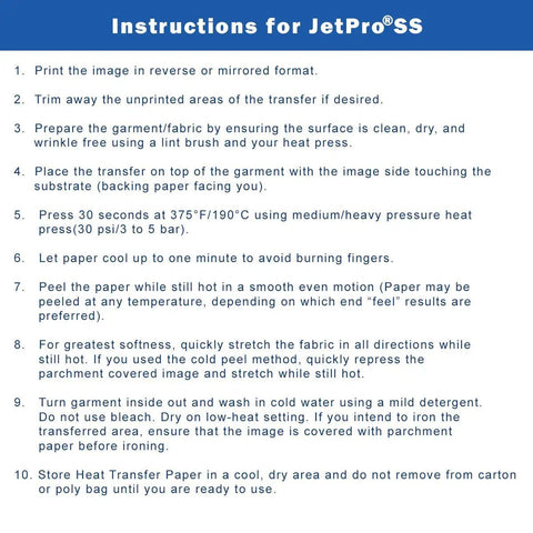 Instructions for using Jet Pro Soft Stretch Heat Transfer Paper for inkjet printers in detailed list format.