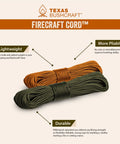 Firecraft Paracord Utility Rope With Three Extra Strands For Survival Gear, Emergency Fishing, Sewing And Tinder, Durable Paracord in burnt orange and green display