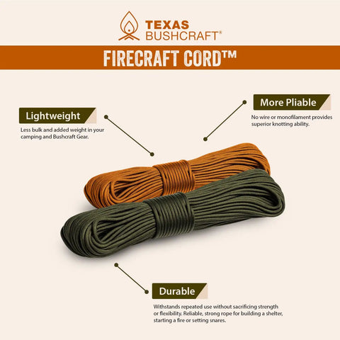 Firecraft Paracord Utility Rope With Three Extra Strands For Survival Gear, Emergency Fishing, Sewing And Tinder, Durable Paracord in burnt orange and green display