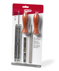 Chainsaw Sharpening Kit 5/32 Inch Chain With Angle Guide And Depth Gauge, packaging with wooden handles and files.