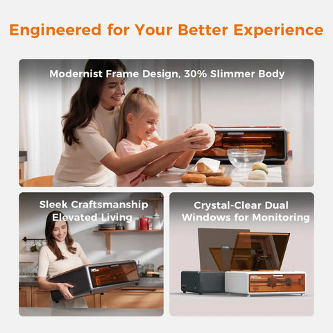 Family using Falcon A1 10W Laser Engraver with Fully Enclosed Design, showcasing sleek, modern frame and transparent monitoring windows.
