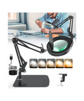 10X Magnifying Lamp With Light And Stand For Crafts, Reading And Close Work, Dimmable LED Desk Magnifier With Swing Arm showcased in use.