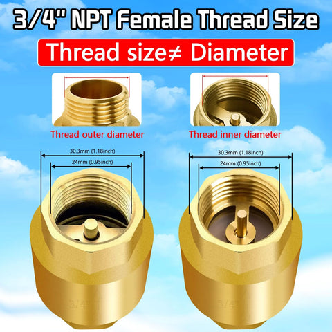 Two brass 3/4 NPT inline spring check valves, non-return water valves
