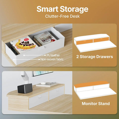 Smart storage features of a Compact Electric Standing Desk With Two Drawers 32x21 Inch Workstation C Clamp Mount Compatible Height Adjustable Sit Stand Desk Four Memory Height Settings Light Walnut Finish For Home Office showing two storage drawers and monitor stand.