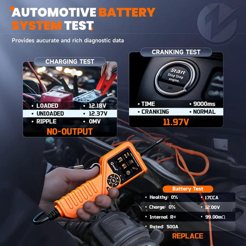 KM601 Power Circuit Probe Kit For 12V 24V Cars And Trucks, All In One Automotive Circuit Tester With Oscilloscope, Fuel Injector Signal, Battery Test, Multimeter, Short Circuit Finder, Current Probe, 30 Ft Cable, battery test screen