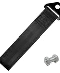 Hella Durable JDM Tow Strap For Cars Dope Nylon Bumper Hook Belt With Steel Buckle Heavy Duty Trailer Towing Rope showing black nylon strap and steel bolt.