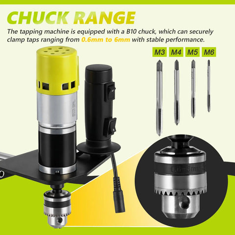 Sturdy Vertical Tapping Machine With 9.84 Inch Arm Effortlessly Drill Holes In Wood Plastic Metal Using M3 To M6 Threads For Precision Workshop Jobs And Reliable Industrial Grade Performance Every Single Time, featuring B10 chuck and tap sizes.