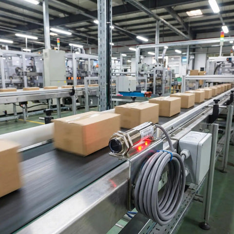 Conveyor line with Diffuse Reflection Photoelectric Sensor NPN NO 4 Wire 10mm Sensing Range For Opaque Objects IP66 Rugged Workhorse