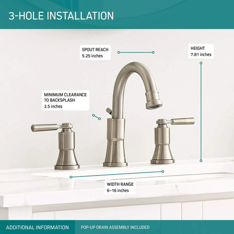 Westchester Widespread Two-Handle Bathroom Faucet In Brushed Nickel, ADA Compliant With Drain, dimensions labeled on faucet.