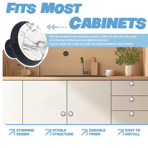 Totally Fresh White And Black Marble Crystal Cabinet Knobs Mushroom Drawer Pulls For Kitchen Bathroom Decor Slick Design Includes Screws, installed on cabinets.