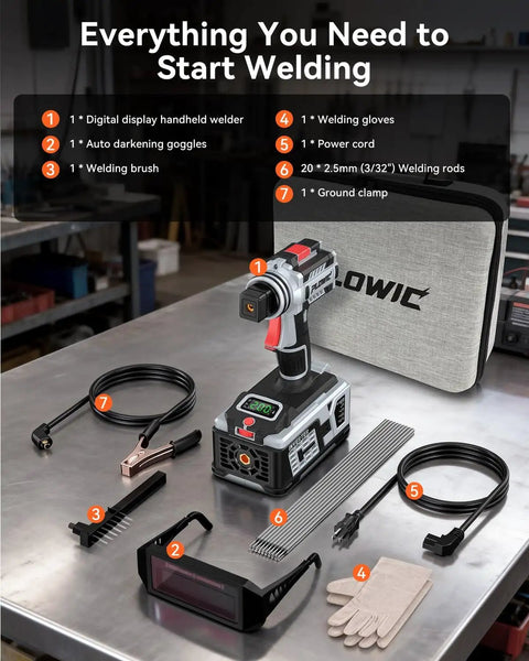 Your Go To 110V Portable Arc Welder With LCD Display And 200A IGBT Inverter kit with accessories in workshop setting
