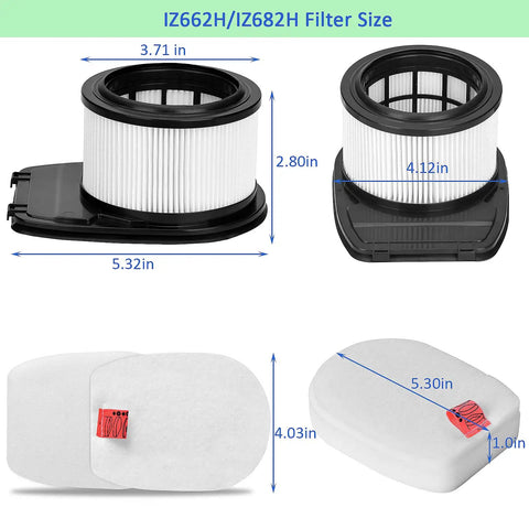 Dimensions of All In One Replacement Filter Kit For IZ662H IZ682H Rocket Pet Pro Vacuums with additional filters shown.