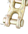 Close-up of 3/8 Inch Double Clevis Link Galvanized G70 Grade Alloy Steel Twin H Type Chain Connector for heavy-duty use.