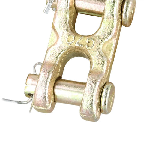Close-up of 3/8 Inch Double Clevis Link Galvanized G70 Grade Alloy Steel Twin H Type Chain Connector for heavy-duty use.