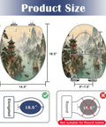 Elongated Traditional Chinoiserie Landscape Pagoda River Toilet Seat top view with size dimensions for elongated toilets.