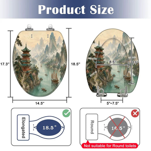 Elongated Traditional Chinoiserie Landscape Pagoda River Toilet Seat top view with size dimensions for elongated toilets.