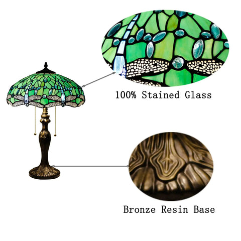 Tiffany Style Stained Glass Table Lamp With Green Dragonfly Shade, 16 Inch Wide, 24 Inch Tall, Antique Bronze Base, Pull Chain