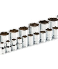 Half Inch Drive Shallow 6-Point Socket Set, 19-Piece, covers three eighths to one and a half inch fastener sizes