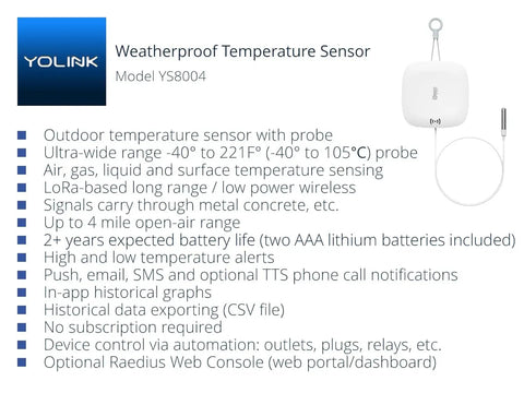 Weatherproof Temperature Sensor With Probe for Fluid Air and Surface Monitoring Extreme High and Low Temps 1/4 Mile Range