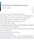 Weatherproof Temp Sensor with Probe for Fluid, Air and Surface, product features and specifications listed on the image.