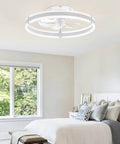 Slick Low Profile Ceiling Fan With Smart LED Light And Dual Remote And App Control small room cooler in a bright bedroom.