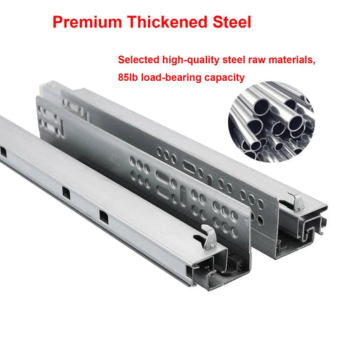 Premium thickened steel 22 inch undermount soft close drawer slides featuring 85lb load-bearing capacity.
