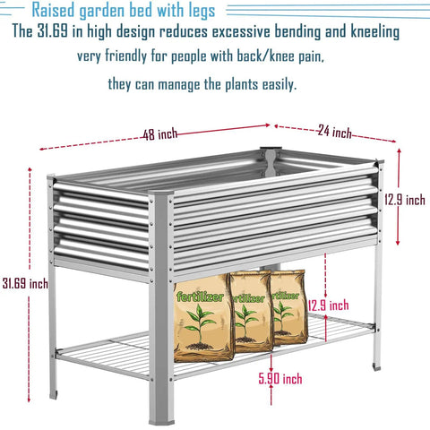 Raised Garden Bed With Legs Built To Last Galvanized Planter Box With Storage Shelf And Drainage Holes 48 By 24 By 32 Inch Heavy Duty Large Metal Garden Bed Kit For Balcony Backyard And Patio Holds About 7.7 Cubic Feet Of Soil, side view with dimensions labeled.