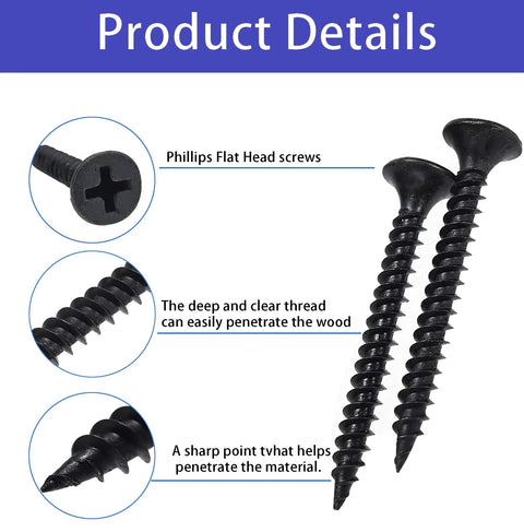 Wood Screws Kit 300 Pcs Six Sizes Flat Head Phillips Drive Self Tapping Coarse Thread Screws close-up with deep threads